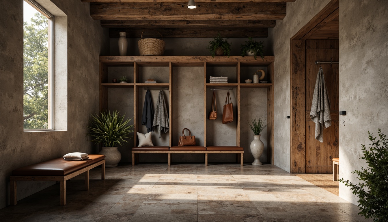 Prompt: Rustic mudroom interior, exposed concrete walls, rough-hewn wooden benches, industrial metal shelving, raw stone flooring, distressed leather upholstery, reclaimed wood accents, earthy color palette, dramatic shadowing, warm ambient lighting, shallow depth of field, 2/3 composition, realistic textures, ambient occlusion, brutalist architectural style, functional minimalist decor.