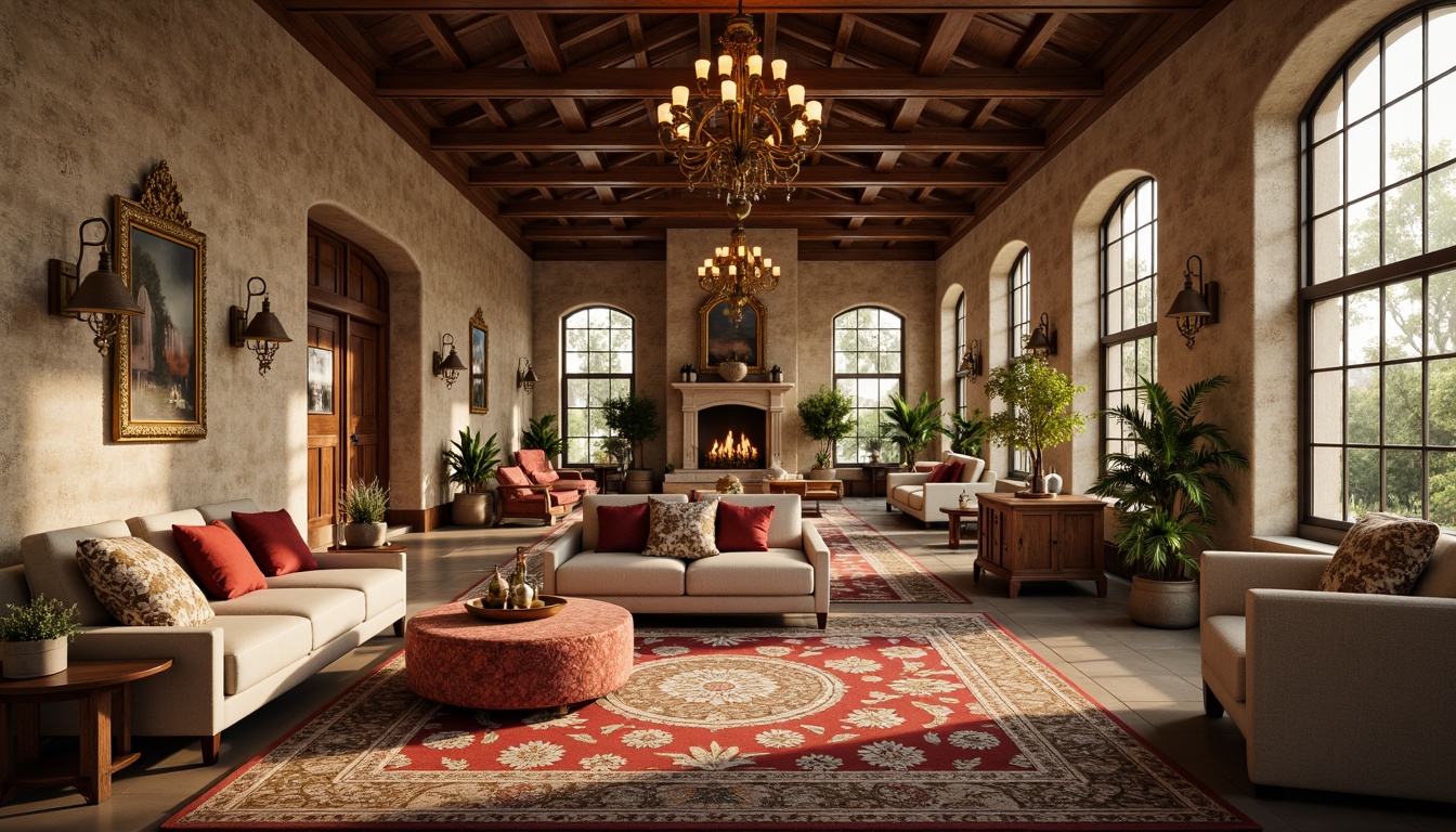 Prompt: Rustic community center, classicism style interiors, textured stone walls, ornate wooden panels, richly patterned rugs, plush velvet furniture, grand chandeliers, ornamental moldings, warm beige color scheme, natural materials, earthy tones, soft warm lighting, 1/1 composition, shallow depth of field, realistic textures, ambient occlusion.