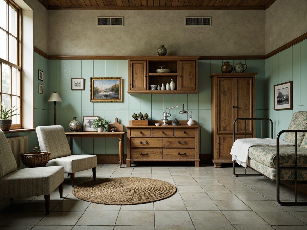 Prompt: Vintage hospital furniture, distressed wood tones, soft pastel colors, comfortable plush upholstery, ornate metal frames, antique medical equipment, rustic wooden cabinets, decorative porcelain vases, natural woven textiles, warm cozy lighting, shallow depth of field, 1/2 composition, realistic textures, ambient occlusion, subtle grain effect.