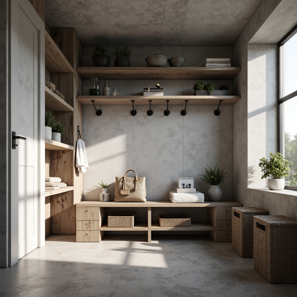 Prompt: Monochromatic mudroom interior, sleek wooden bench, rustic metal hooks, industrial-style shelving units, natural stone flooring, concrete walls, minimal ornamentation, functional storage solutions, simple color palette, abundant natural light, soft warm lighting, shallow depth of field, 1/1 composition, realistic textures, ambient occlusion.