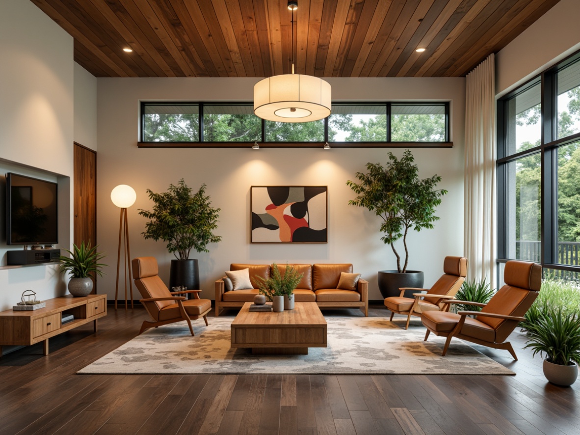 Prompt: Mid-century modern living room, retro-style furniture, minimalist decor, natural materials, wooden accents, geometric patterns, abstract artwork, large windows, sliding glass doors, open floor plan, functional layout, ample natural light, warm ambient lighting, 3/4 composition, shallow depth of field, realistic textures, ambient occlusion.