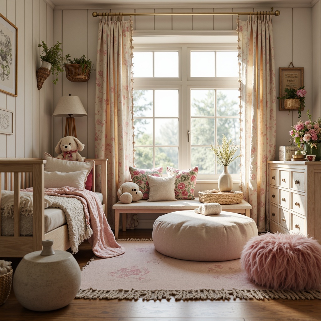 Prompt: Whimsical kids' bedroom, distressed wood furniture, soft pastel hues, floral patterns, ruffled curtains, vintage-inspired decor, plush toys, cozy reading nook, warm lighting, natural fibers, woven baskets, crochet blankets, lace trimmings, gentle color palette, romantic ambiance, delicate fabrics, tulle skirts, velvet pillows, shabby-chic accents, playful accessories, dreamy atmosphere, soft focus, 1/1 composition, warm warm lighting.