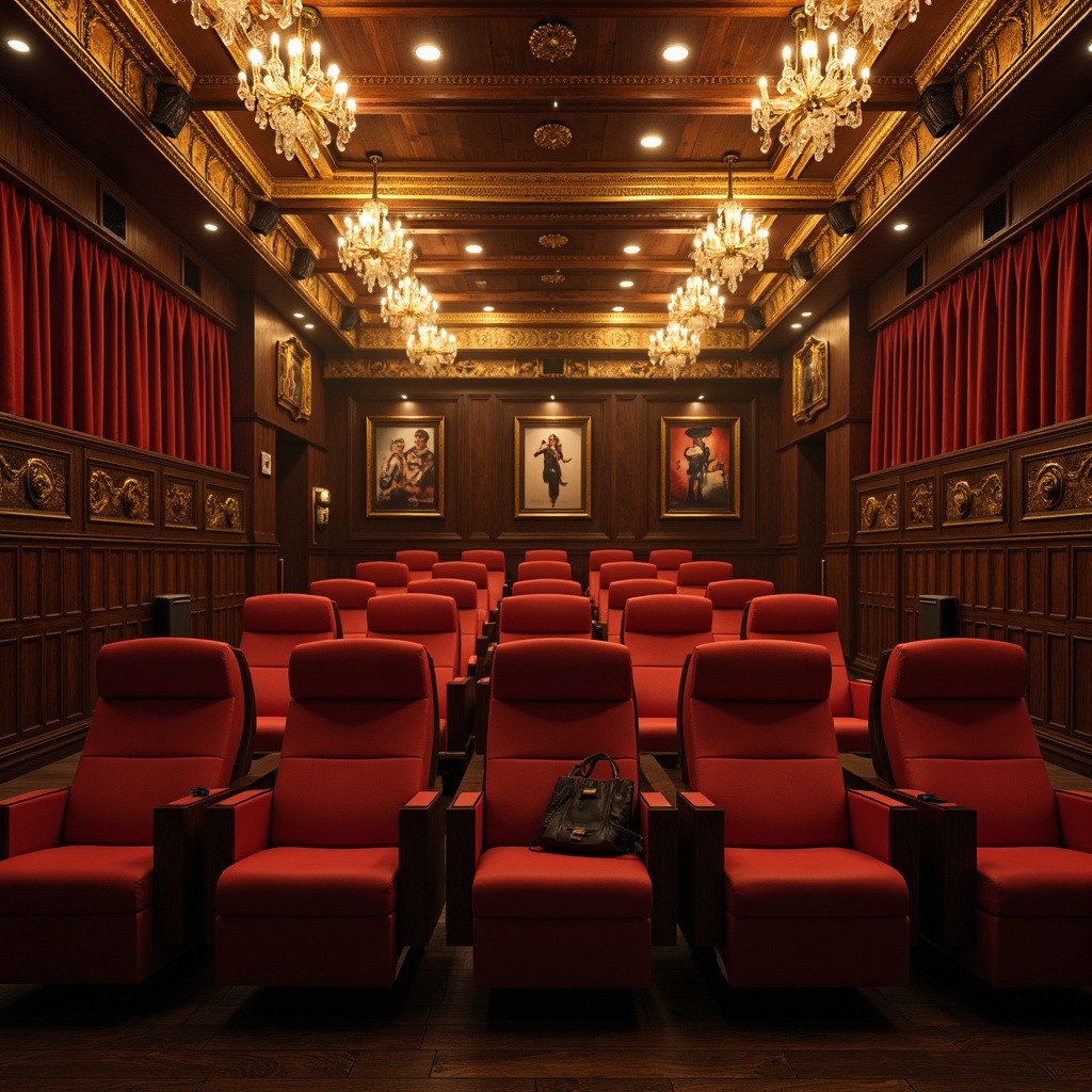 Prompt: Luxurious cinema interior, rich wood accents, plush velvet seats, ornate gold molding, lavish crystal chandeliers, warm ambient lighting, soft focus bokeh, shallow depth of field, 1/2 composition, rustic wooden beams, vintage film cameras, classic movie posters, opulent red curtains, sophisticated dark wood paneling, premium leather upholstery, intricate metalwork details, warm earthy tones, atmospheric mist, cinematic color grading.