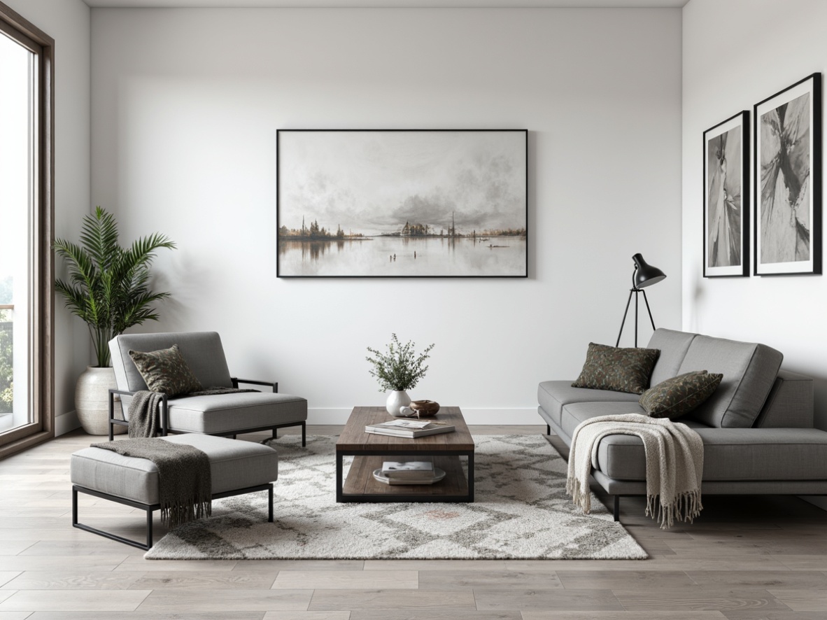 Prompt: Monochromatic living room, minimalist decor, sleek low-profile furniture, clean lines, industrial metal frames, reclaimed wood accents, geometric patterns, Scandinavian-inspired design, neutral color palette, textured throw blankets, ambient soft lighting, 1/1 composition, shallow depth of field, realistic render.