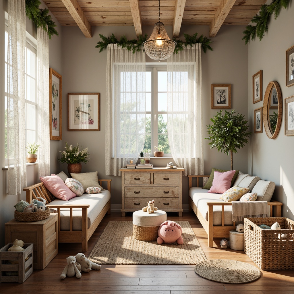 Prompt: Whimsical kid's room, distressed wood furniture, pastel colors, lace curtains, vintage floral patterns, soft cushions, plush toys, antique hardware, ornate mirrors, crystal chandeliers, flower garlands, rustic wooden crates, woven baskets, natural fiber rugs, gentle warm lighting, shallow depth of field, 1/2 composition, intimate atmosphere, realistic textures.