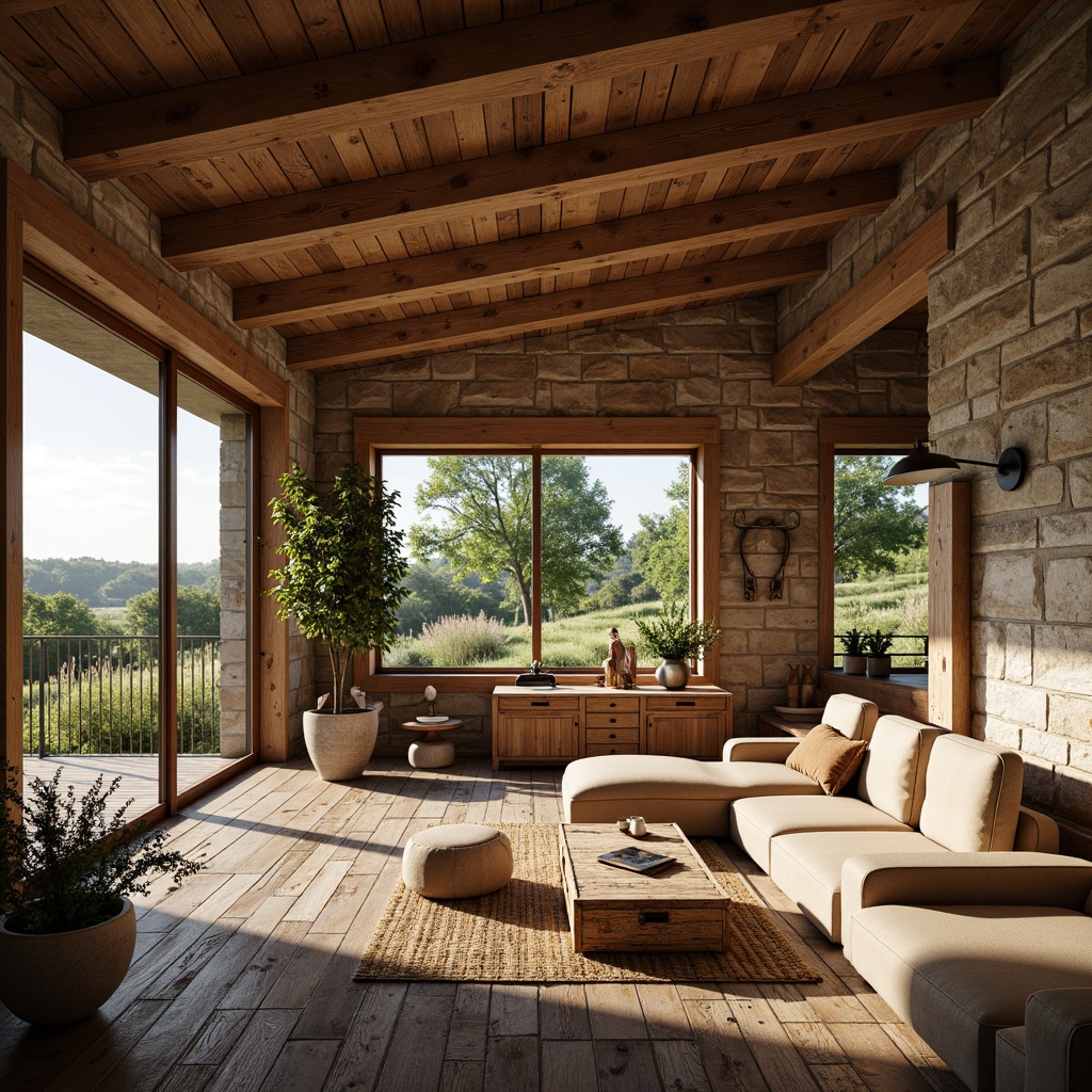 Prompt: Rustic farmhouse, open floor plan, high ceilings, wooden beams, natural stone walls, earthy color palette, vintage furniture, distressed wood accents, modern appliances, large windows, sliding glass doors, countryside views, lush greenery, wildflowers, sunny day, soft warm lighting, shallow depth of field, 3/4 composition, panoramic view, realistic textures, ambient occlusion.