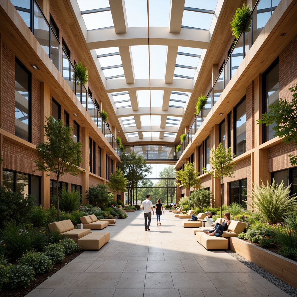 Prompt: Spacious high school hallway, natural light pouring in, clerestory windows, skylights, warm wood accents, earthy tones, brick walls, modern furniture, collaborative learning spaces, flexible seating arrangements, abundant greenery, hanging plants, living walls, organic shapes, minimalist decor, soft warm lighting, shallow depth of field, 3/4 composition, realistic textures, ambient occlusion.