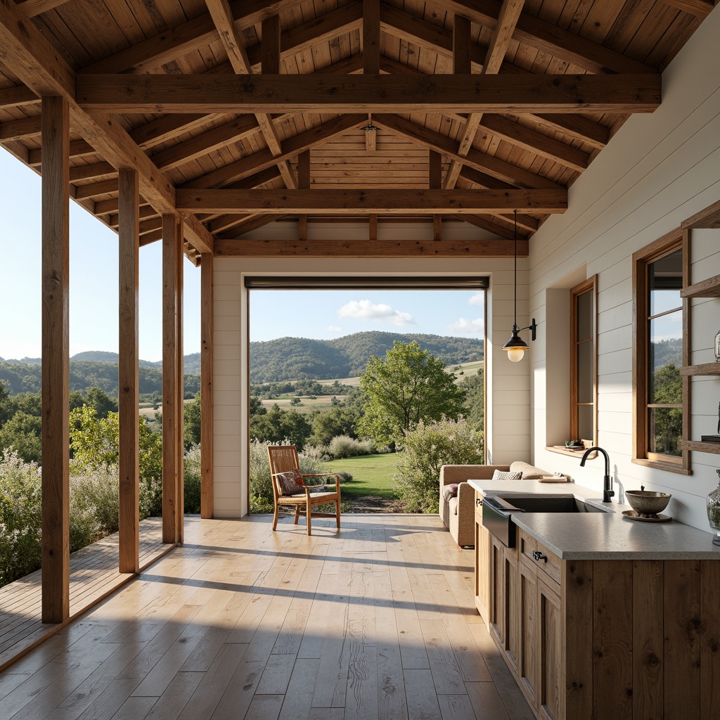 Prompt: Rustic farmhouse, open floor plan, high ceilings, wooden beams, natural stone walls, reclaimed wood floors, modern minimalism, clean lines, white shiplap, industrial metal accents, large windows, sliding glass doors, picturesque countryside views, rolling hills, lush greenery, wildflowers, vintage decor, antique furniture, cozy reading nooks, farmhouse sinks, apron-front kitchen cabinets, pendant lighting, soft warm ambiance, shallow depth of field, 2/3 composition, natural textures, ambient occlusion.