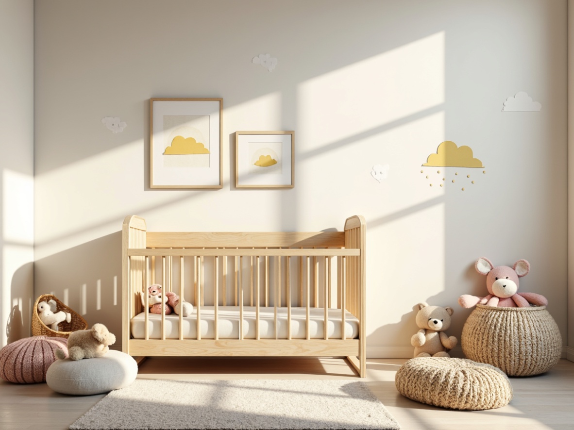 Prompt: Soft pastel hues, calming nursery atmosphere, gentle lighting, creamy whites, pale blues, mellow yellows, soft pinks, warm beiges, natural wood tones, plush toys, cozy textiles, sweet decorative accents, whimsical wall art, dreamy cloud patterns, subtle polka dots, soothing color harmony, 1/1 composition, intimate close-up shots, warm golden lighting.