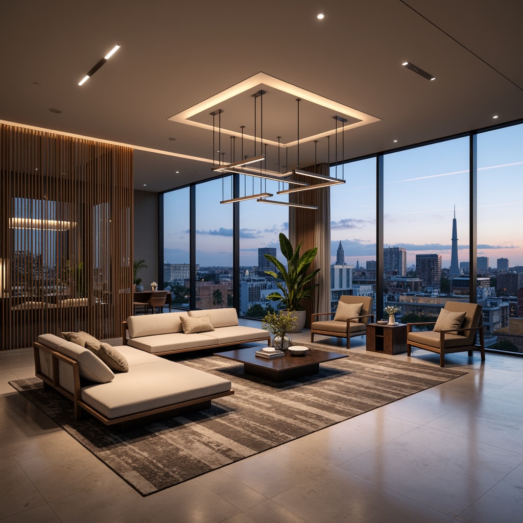 Prompt: Modern living room, sleek furniture, polished marble floors, floor-to-ceiling windows, cityscape views, LED strip lighting, suspended pendant lights, geometric chandeliers, minimalist sconces, metallic finishes, glass diffusers, warm ambient glow, soft shadows, 1/1 composition, shallow depth of field, realistic reflections, ambient occlusion.