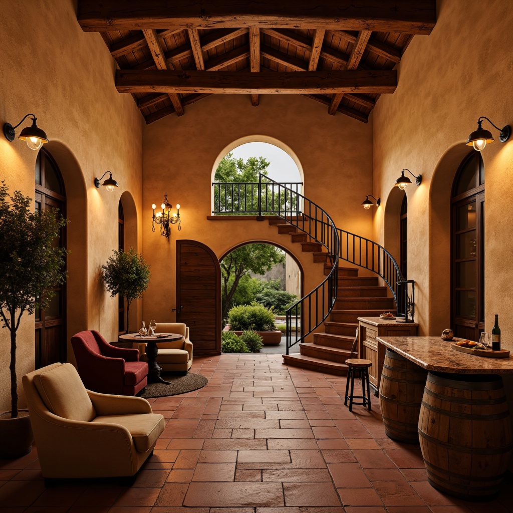 Prompt: Warm earthy tones, rustic stone walls, wooden barrel accents, dim warm lighting, arched doorways, terracotta floors, curved lines, ornate metalwork, distressed wood textures, vintage wine barrels, soft ambient glow, rich leather furnishings, old-world charm, lush greenery, natural stone countertops, wrought iron railings, classic ornate chandeliers, sun-kissed stucco exterior, Mediterranean-inspired color palette, warm beige hues, earthy red tones, elegant curved staircases, intimate cozy atmosphere, soft focus, shallow depth of field, 3/4 composition.