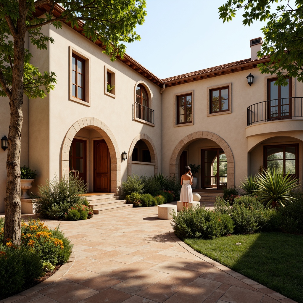 Prompt: Warm Mediterranean villa, curved lines, ornate stonework, rustic wooden doors, arched windows, wrought iron balconies, terracotta roof tiles, lush greenery, blooming flowers, tranquil courtyard, soft warm lighting, shallow depth of field, 3/4 composition, realistic textures, ambient occlusion.