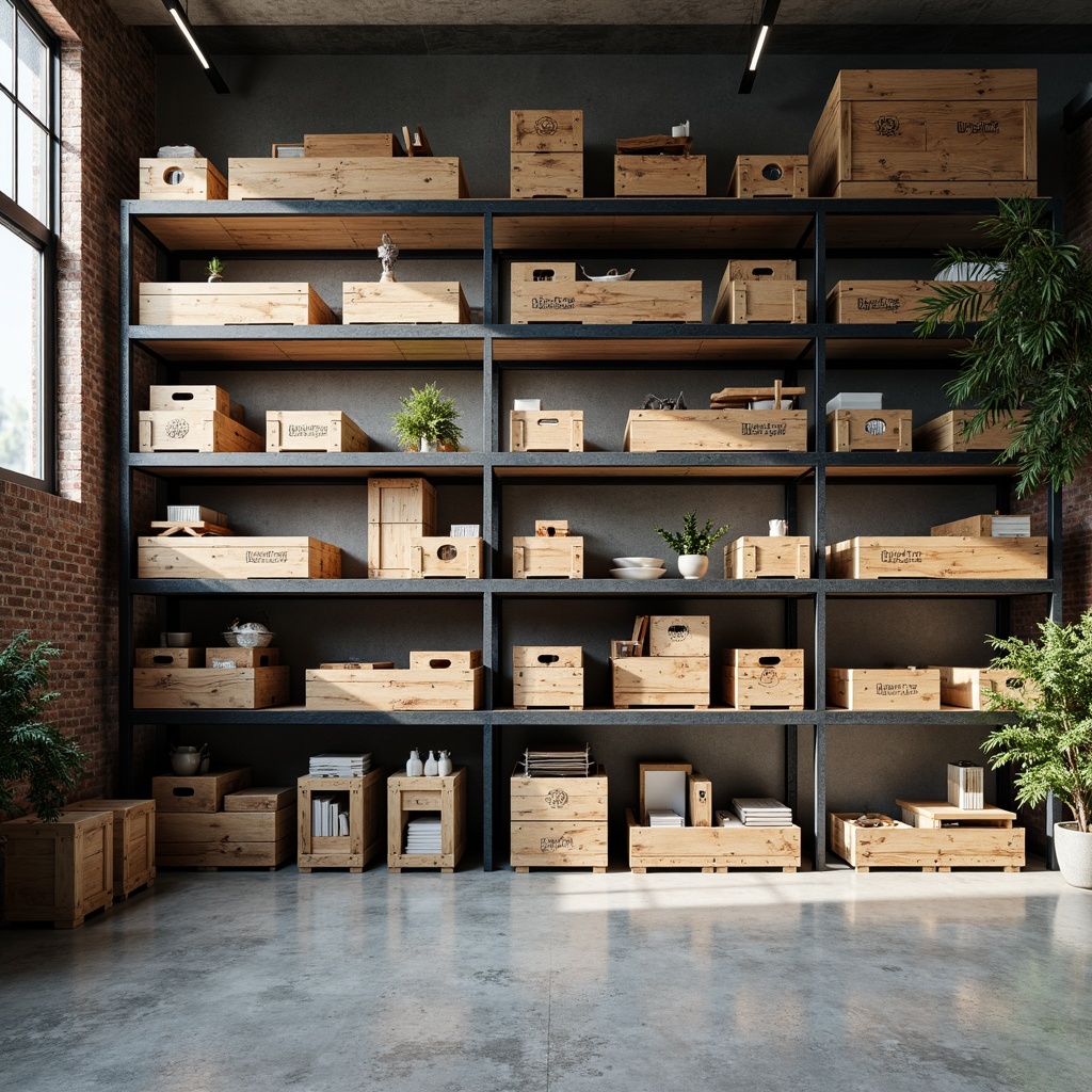 Prompt: Industrial storage room, metal shelving units, rustic wood crates, earthy tones, muted grays, warm beige, soft blues, natural textures, concrete floors, exposed brick walls, modern industrial lighting, high ceilings, open space, functional design, clean lines, minimal ornamentation, utility-focused aesthetic, subtle color contrasts, atmospheric shadows, realistic reflections.