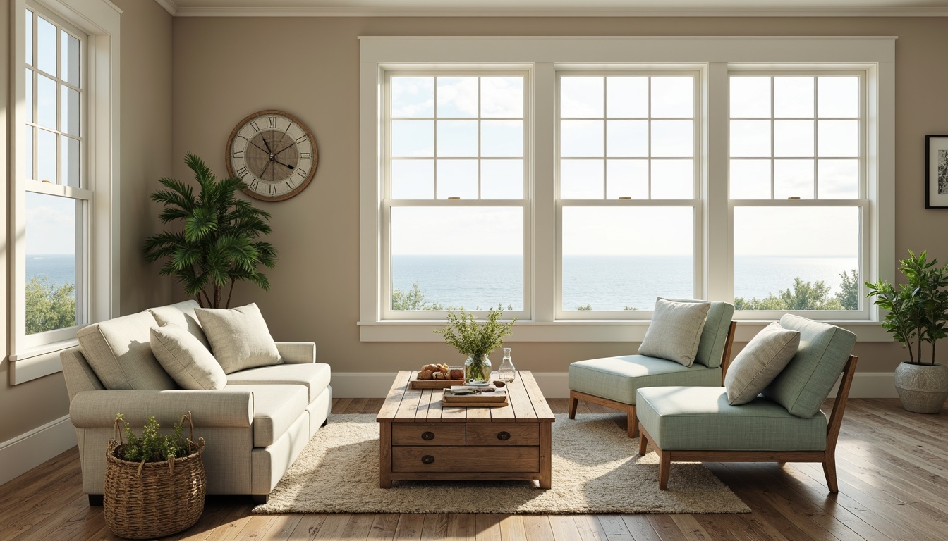 Prompt: Soft sandy beige walls, calming seafoam green accents, crisp white trim, driftwood gray furniture, weathered wood textures, natural jute fibers, ocean-inspired blues, serene misty mornings, warm sunny afternoons, gentle sea breeze, beachy casual atmosphere, rustic coastal decor, vintage nautical elements, distressed finishes, linen upholstery, sea salt air, airy open spaces, large windows, natural light, soft warm glow, 1/2 composition, shallow depth of field, realistic textures.