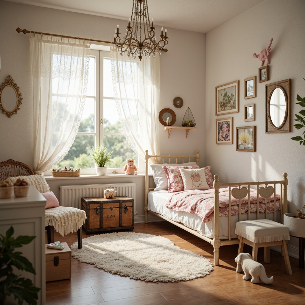 Prompt: Whimsical kid's bedroom, distressed wood furniture, vintage lace curtains, pastel color palette, soft plush toys, floral patterned bedding, ruffled pillow shams, antique metal frames, worn leather trunks, ornate mirrors, delicate porcelain dolls, sparkly chandeliers, sheer fabric draping, rustic wooden crates, creamy white walls, natural light pouring in, warm cozy atmosphere, soft focus photography, 1/2 composition, dreamy bokeh effect.