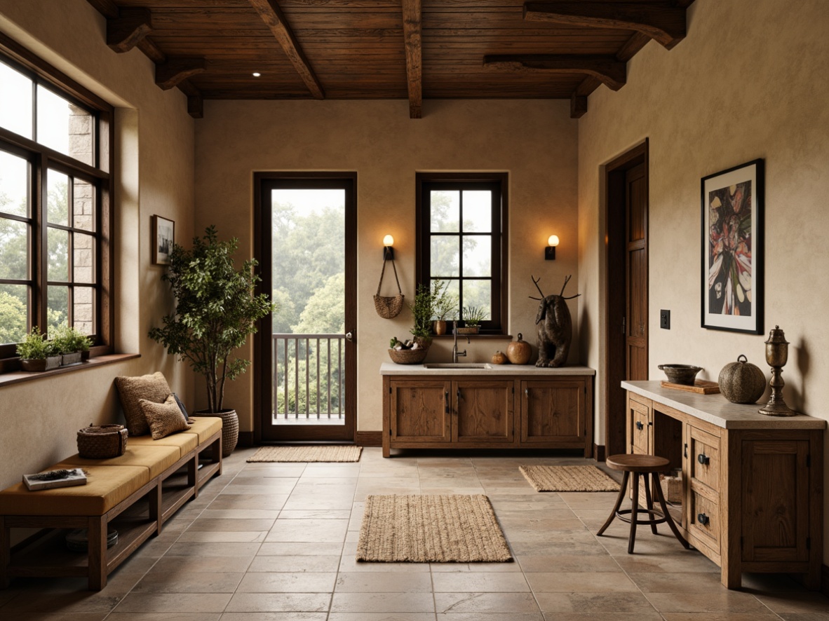 Prompt: Earthy mudroom, natural stone flooring, warm beige walls, rustic wooden accents, earthy brown cabinets, soft sienna countertops, weathered metal fixtures, organic textures, woven baskets, vintage outdoor gear, distressed leather furniture, warm ambient lighting, shallow depth of field, 1/2 composition, realistic rendering, atmospheric perspective.