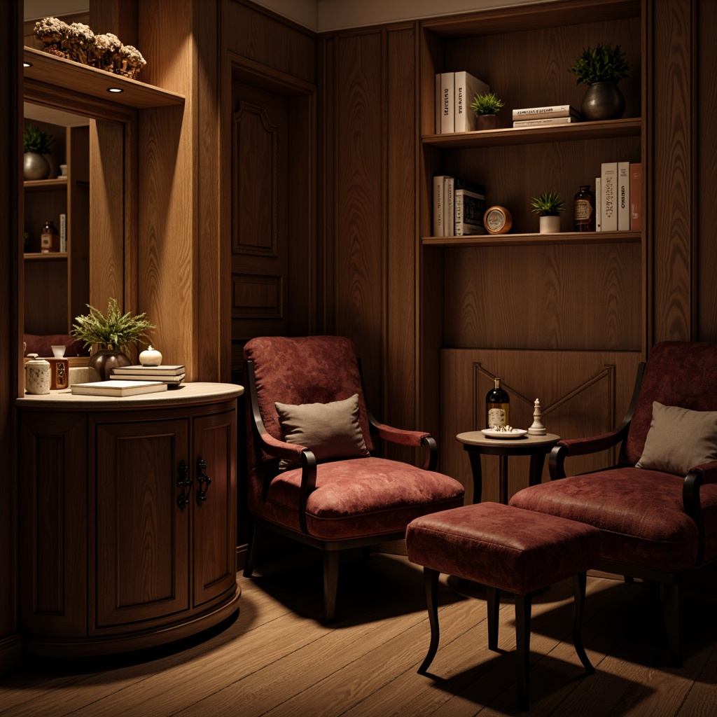 Prompt: Cozy reading nook, warm ambient lighting, rich wood tones, velvet upholstery, plush cushions, minimalist metal legs, natural stone or marble top, elegant curved lines, soft-close drawers, ornate carvings, vintage-inspired hardware, earthy color palette, rustic textures, moody atmosphere, dramatic shadows, 1/1 composition, intimate focal point, realistic render.