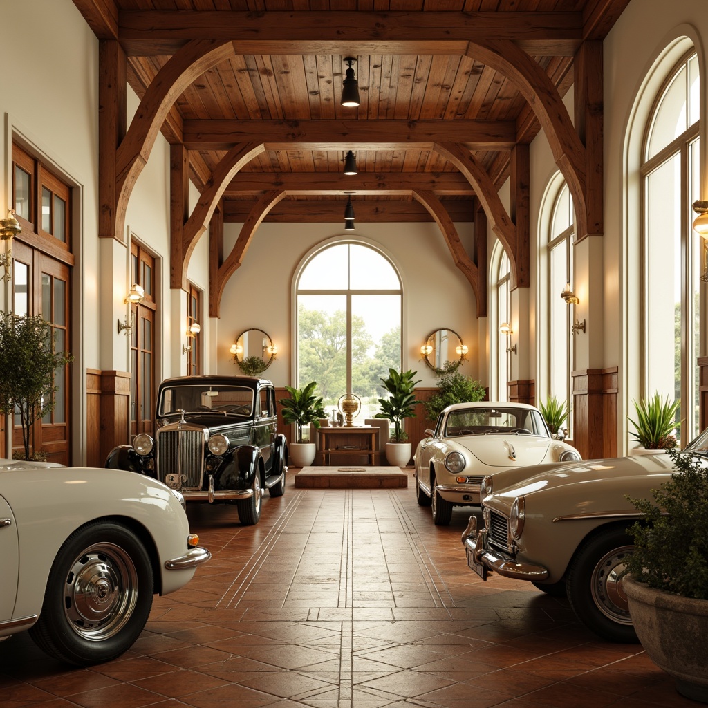 Prompt: Elegant garage interior, classicism style, rustic wood accents, warm beige tones, polished hardwood floors, herringbone patterns, creamy white walls, ornate metal fixtures, vintage car displays, soft warm lighting, shallow depth of field, 1/1 composition, realistic textures, ambient occlusion.