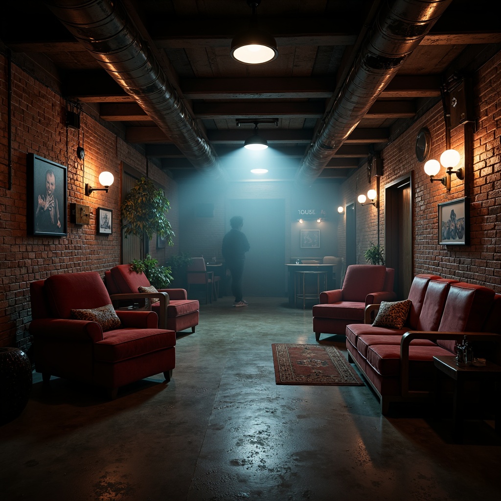 Prompt: Moody basement space, exposed brick walls, rough concrete floors, industrial metal beams, dim warm lighting, flickering fluorescent tubes, eerie shadows, mysterious ambiance, vintage furniture, distressed wood accents, rich velvet fabrics, bold color schemes, dramatic spotlights, low-key illumination, atmospheric fog effects, cinematic composition, high contrast ratio, ominous undertones.