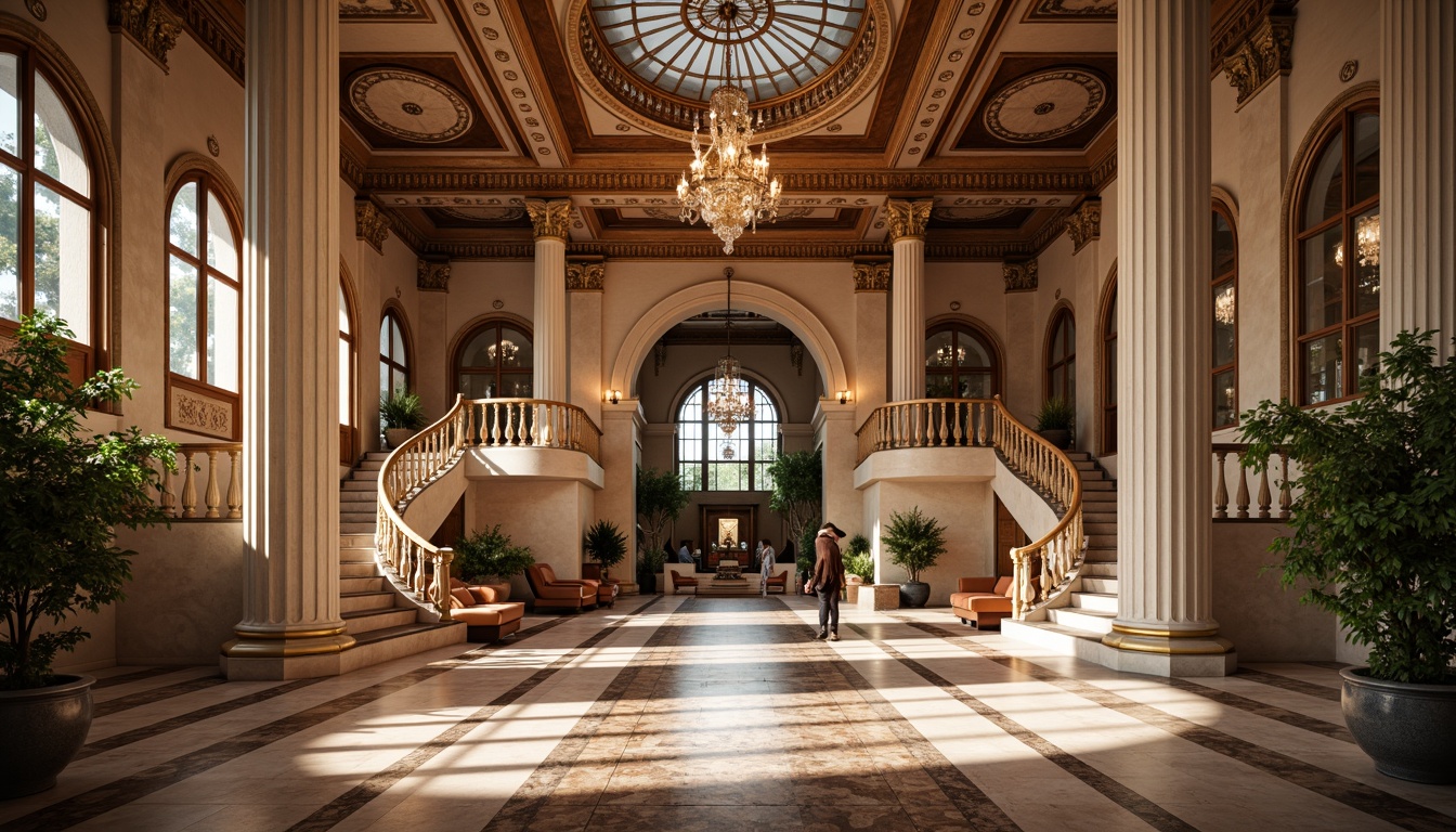 Prompt: Grandiose columns, ornate moldings, marble flooring, intricate carvings, luxurious fabrics, rich wood tones, gilded accents, crystal chandeliers, majestic staircases, symmetrical compositions, soft warm lighting, shallow depth of field, 3/4 composition, realistic textures, ambient occlusion.