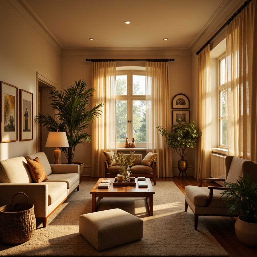 Prompt: Cozy living room, warm golden lighting, table lamps, floor lamps, pendant lights, soft warm glow, creamy whites, rich wood tones, plush furnishings, velvet textures, natural fabrics, earthy color palette, intimate seating areas, warm beige walls, soft carpeting, subtle patterns, minimalist decor, morning sunlight, gentle shadows, 1/2 composition, soft focus, warm color temperature.