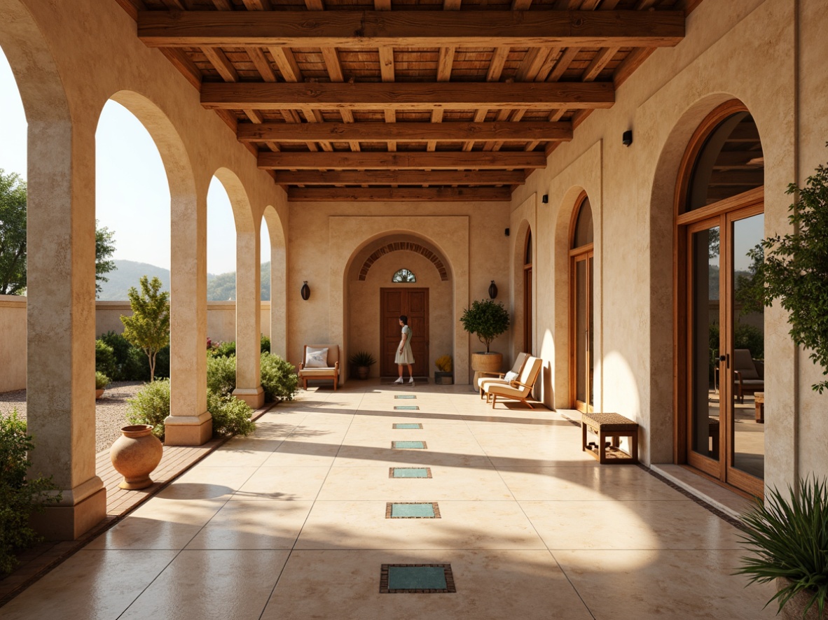 Prompt: Warm beige terracotta tiles, rustic wooden accents, natural stone flooring, cream-colored marble, soft blue-green mosaics, intricate geometric patterns, Spanish-inspired ceramic tiles, warm golden lighting, shallow depth of field, 3/4 composition, panoramic view, realistic textures, ambient occlusion.