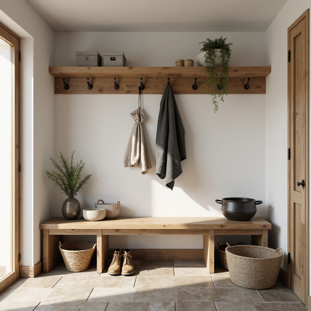 Prompt: Serene mudroom interior, sleek wooden benches, minimalist shoe racks, industrial metal hooks, natural stone flooring, neutral color palette, warm soft lighting, shallow depth of field, 1/1 composition, realistic textures, ambient occlusion, modern farmhouse style, rustic wood accents, woven baskets, simple decorative accessories, calm atmosphere, functional layout.