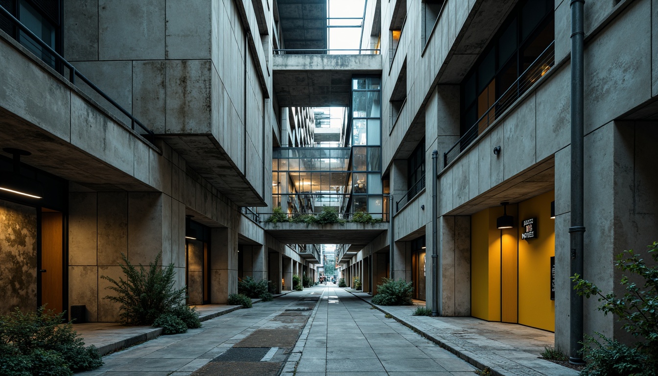 Prompt: Raw concrete structures, industrial materials, urban cityscape, brutalist architecture, bold color accents, vibrant yellow highlights, deep blue undertones, rustic metal beams, exposed ductwork, minimalist decor, functional simplicity, stark lighting, dramatic shadows, 3/4 composition, cinematic atmosphere, gritty textures, realistic rendering.