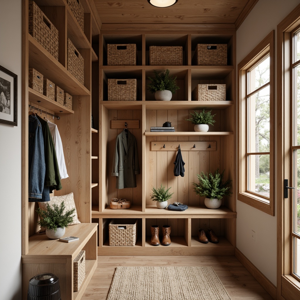 Prompt: Cozy mudroom, natural wood accents, woven baskets, built-in cabinetry, functional shelving units, storage benches, hooks for hanging jackets, cubbies for shoes, rustic metal decor, earthy color palette, warm overhead lighting, 3/4 composition, soft focus, realistic textures, ambient occlusion.