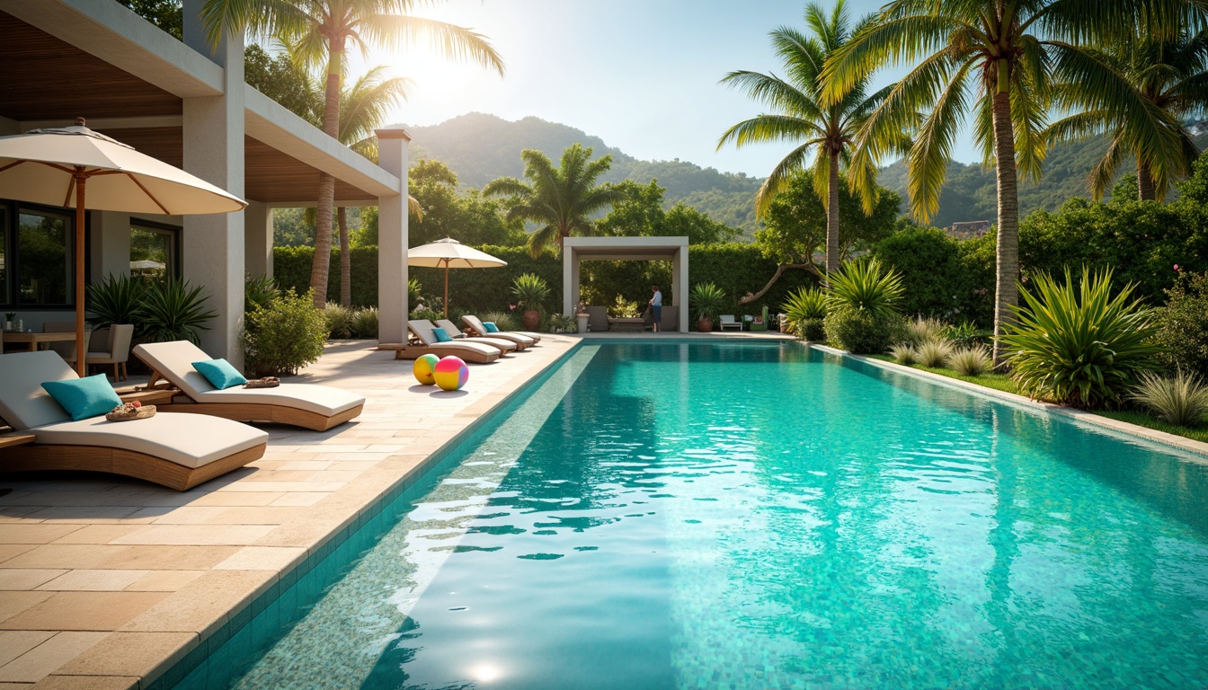 Prompt: Vibrant turquoise water, sun-kissed deck, tropical palm trees, lush greenery, warm beige coping stones, sleek modern pool furniture, colorful beach balls, refreshing misting system, bright sunny day, shallow depth of field, 1/1 composition, soft warm lighting, realistic water textures, ambient occlusion.