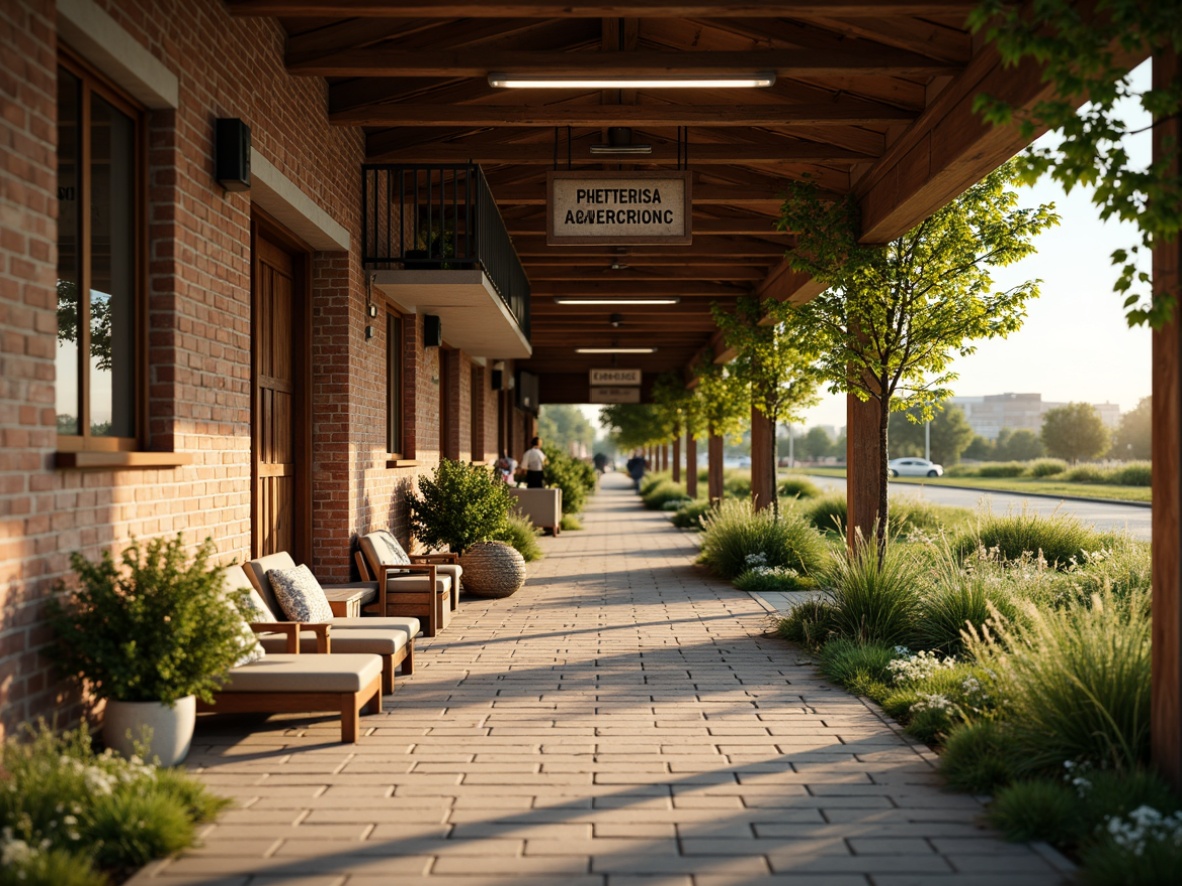 Prompt: Rustic bus station, farmhouse style, earthy tone color palette, natural wood accents, vintage metal signs, distressed brick walls, lush greenery, blooming wildflowers, warm sunny day, soft diffused lighting, shallow depth of field, 2/3 composition, realistic textures, ambient occlusion.