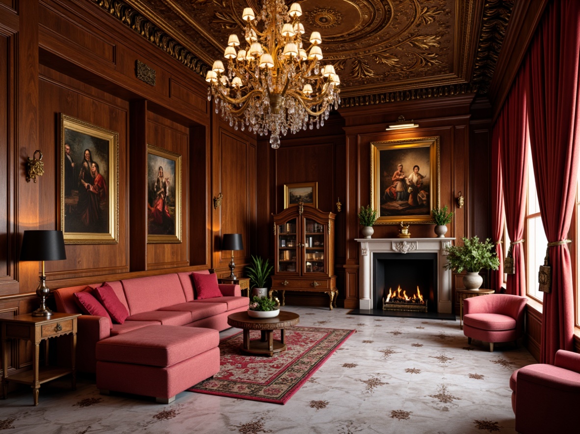 Prompt: Richly ornamented interior, luxurious velvet drapes, intricately carved wooden panels, ornate golden frames, marble flooring, crystal chandeliers, lavish furnishings, tufted upholstery, regal color palette, warm candlelight, soft focus, 1/1 composition, realistic textures, ambient occlusion.