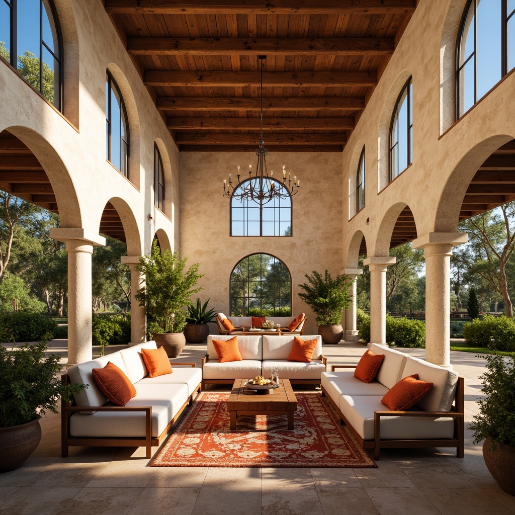 Prompt: Spacious great room, Mediterranean style, high ceiling, large windows, natural stone walls, wooden beams, arched doorways, warm earthy tones, comfortable seating areas, plush furniture, vibrant colorful textiles, lush greenery, potted plants, open space concept, airy atmosphere, abundant natural light, soft warm lighting, shallow depth of field, 3/4 composition, panoramic view, realistic textures, ambient occlusion.