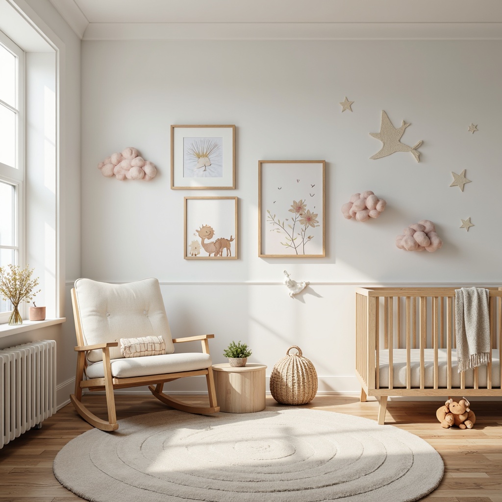 Prompt: Soft pastel hues, gentle nursery ambiance, calming creamy whites, soothing light blues, warm beige tones, natural wood accents, whimsical animal illustrations, delicate floral patterns, plush area rugs, comfortable gliders, serene cloud-shaped decorations, dreamy starry night sky, soft warm lighting, shallow depth of field, 1/2 composition, realistic textures, ambient occlusion.