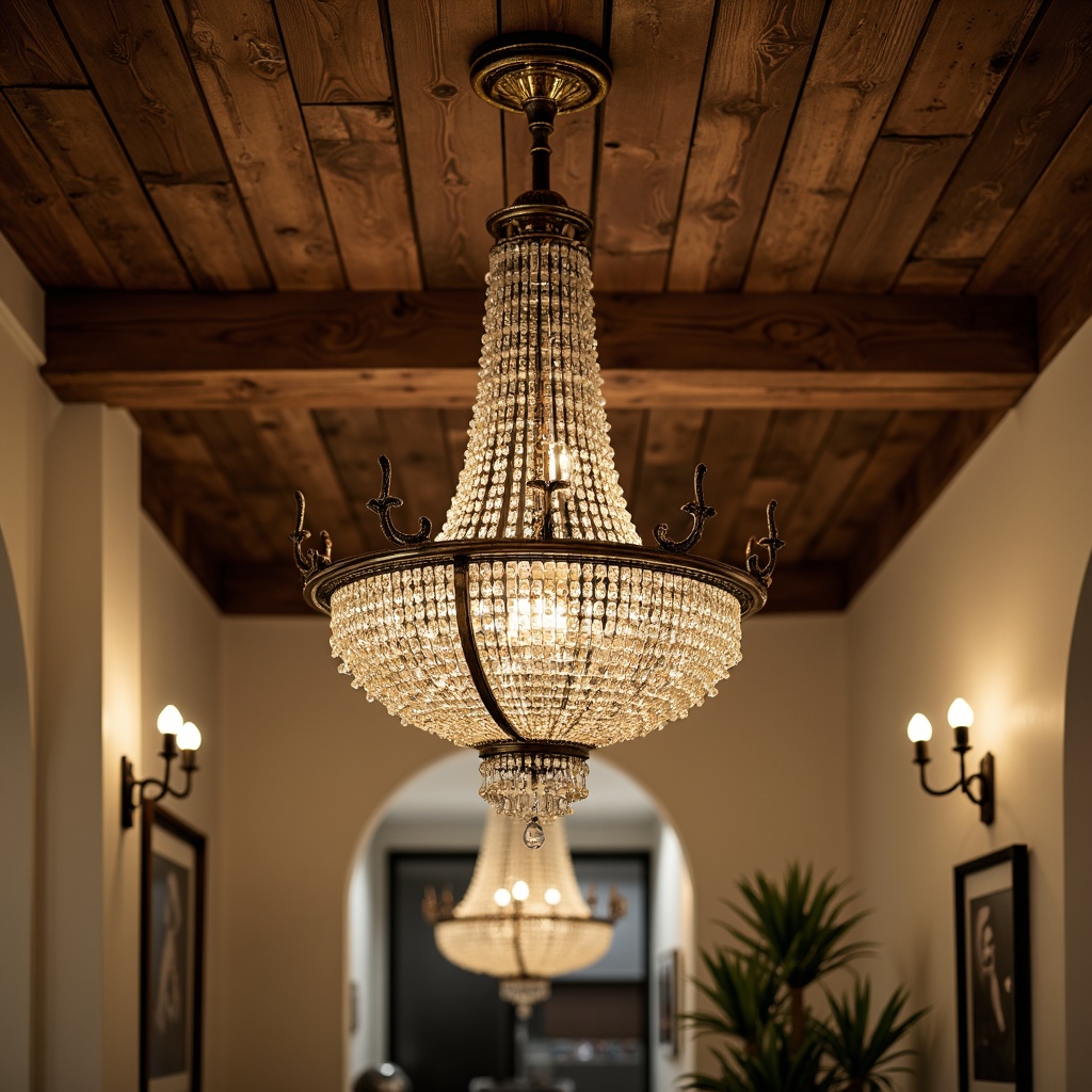 Prompt: Elegant chandelier, ornate metalwork, crystal droplets, warm soft glow, rustic wooden ceiling, classic interior design, vintage-inspired fixtures, distressed finishes, antique bronze accents, cream-colored walls, rich wood tones, refined luxury, subtle ambient lighting, 1/2 composition, shallow depth of field, realistic textures, warm color palette.