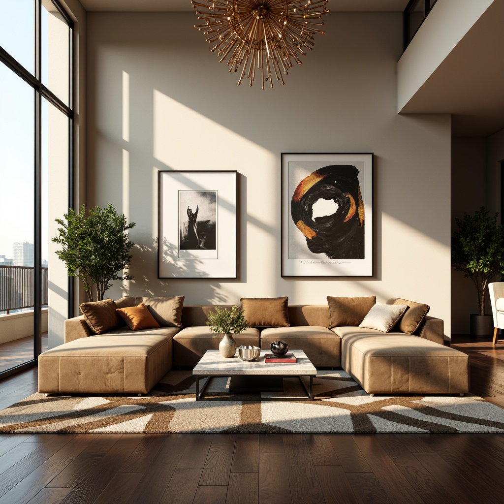 Prompt: Luxurious living room, modern minimalist style, sleek low-profile sofa, tufted velvet upholstery, metallic accents, floor-to-ceiling windows, natural light pouring in, warm beige walls, dark hardwood flooring, geometric patterned rug, elegant chandelier, ambient soft lighting, greenery plants, marble coffee table, abstract artwork, 1/1 composition, shallow depth of field, realistic textures, soft focus effect.