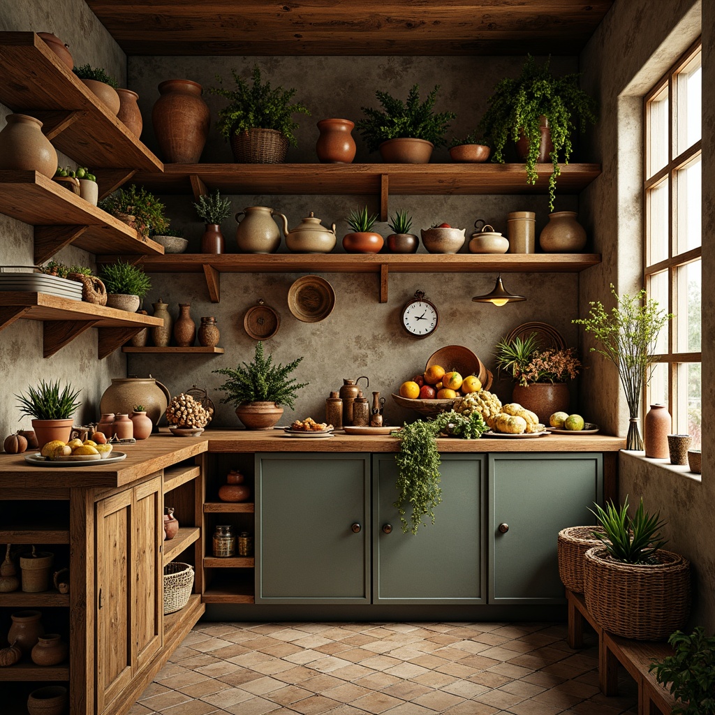 Prompt: Rustic pantry interior, distressed wooden shelves, vintage metal cabinets, ornate ceramic tiles, earthy terracotta pots, woven wicker baskets, aged copper accents, warm golden lighting, soft focus, shallow depth of field, 1/1 composition, impressionist brushstrokes, heavy textures, expressive color palette, still life arrangement, overflowing fruit and vegetables, artisanal food displays, decorative apothecary jars.