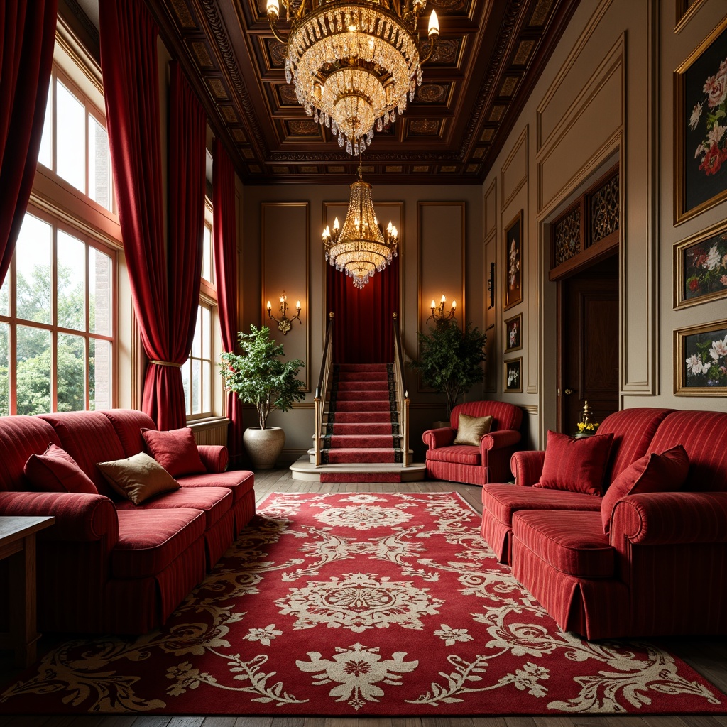 Prompt: Luxurious velvet fabrics, intricate floral patterns, rich jewel tones, ornate golden accents, plush tufted upholstery, lavish silk drapes, carved wooden furniture, opulent crystal chandeliers, grandiose staircases, warm candlelit ambiance, soft warm lighting, shallow depth of field, 1/1 composition, realistic textures, ambient occlusion.