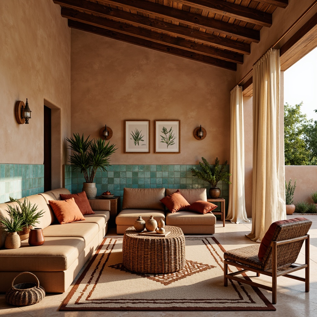 Prompt: Earthy-toned adobe walls, rustic wooden accents, woven Native American-patterned rugs, distressed leather sofas, terracotta pottery, turquoise decorative tiles, rattan chairs, vintage Navajo blankets, sandy-beige curtains, desert-inspired botanical prints, warm copper lighting fixtures, earthy scented candles, woven basket coffee tables, clay-toned vases, Southwestern-style geometric patterns, natural fiber upholstery, sunny afternoon ambiance, soft warm lighting, shallow depth of field, 3/4 composition, panoramic view.