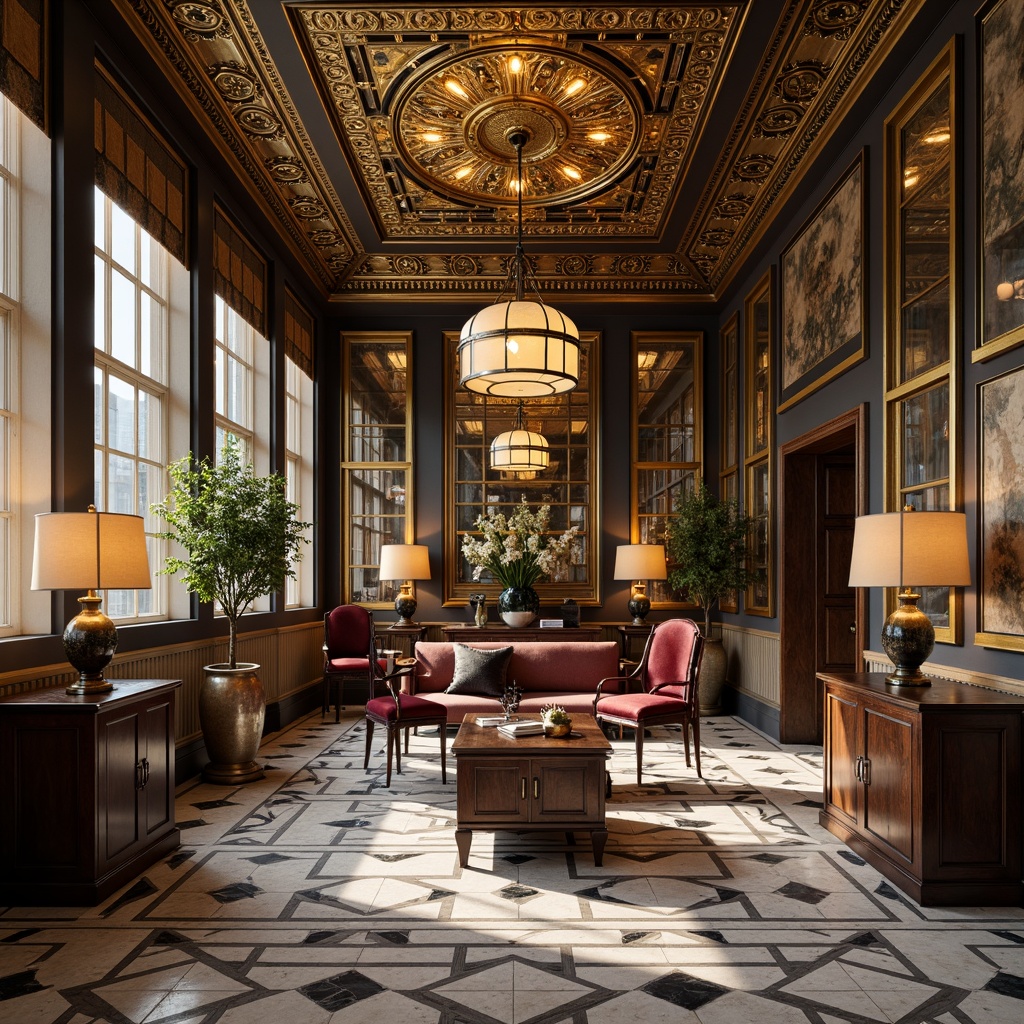 Prompt: Luxurious office interior, ornate metalwork, geometric patterns, marble floors, polished wooden furniture, vintage decorative accents, metallic lamp shades, lavish textiles, rich jewel tones, opulent accessories, dramatic chandeliers, grandiose ceiling designs, symmetrical compositions, 1/1 aspect ratio, warm golden lighting, subtle texture overlays, intricate line art.