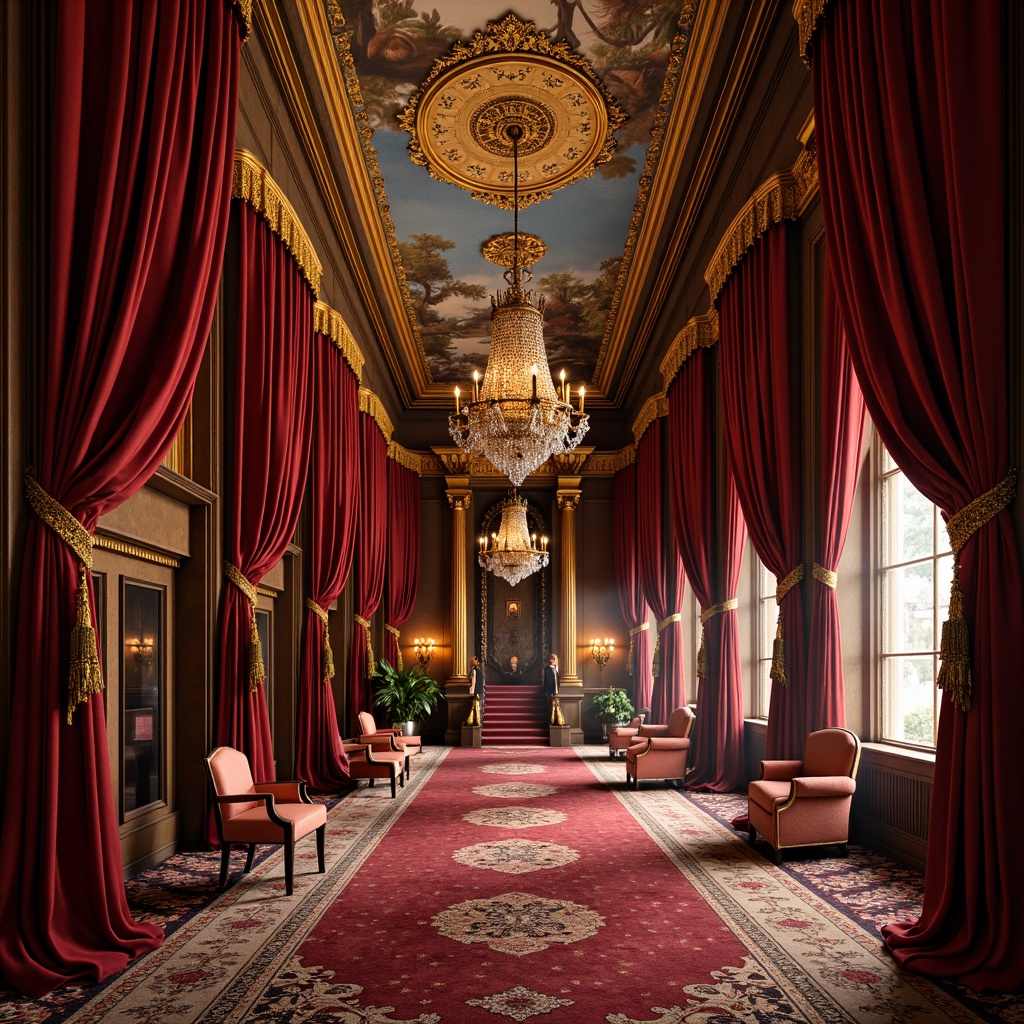 Prompt: Rich velvet drapes, ornate golden embroidery, plush silk upholstery, intricate brocade patterns, luxurious satin fabrics, heavy tapestry hangings, opulent tassel trimmings, majestic crystal chandeliers, warm candlelight ambiance, lavish furnishings, regal color palette, dramatic architectural details, grandiose ceiling murals, soft focus lighting, shallow depth of field, 2/3 composition, ornate frame borders.