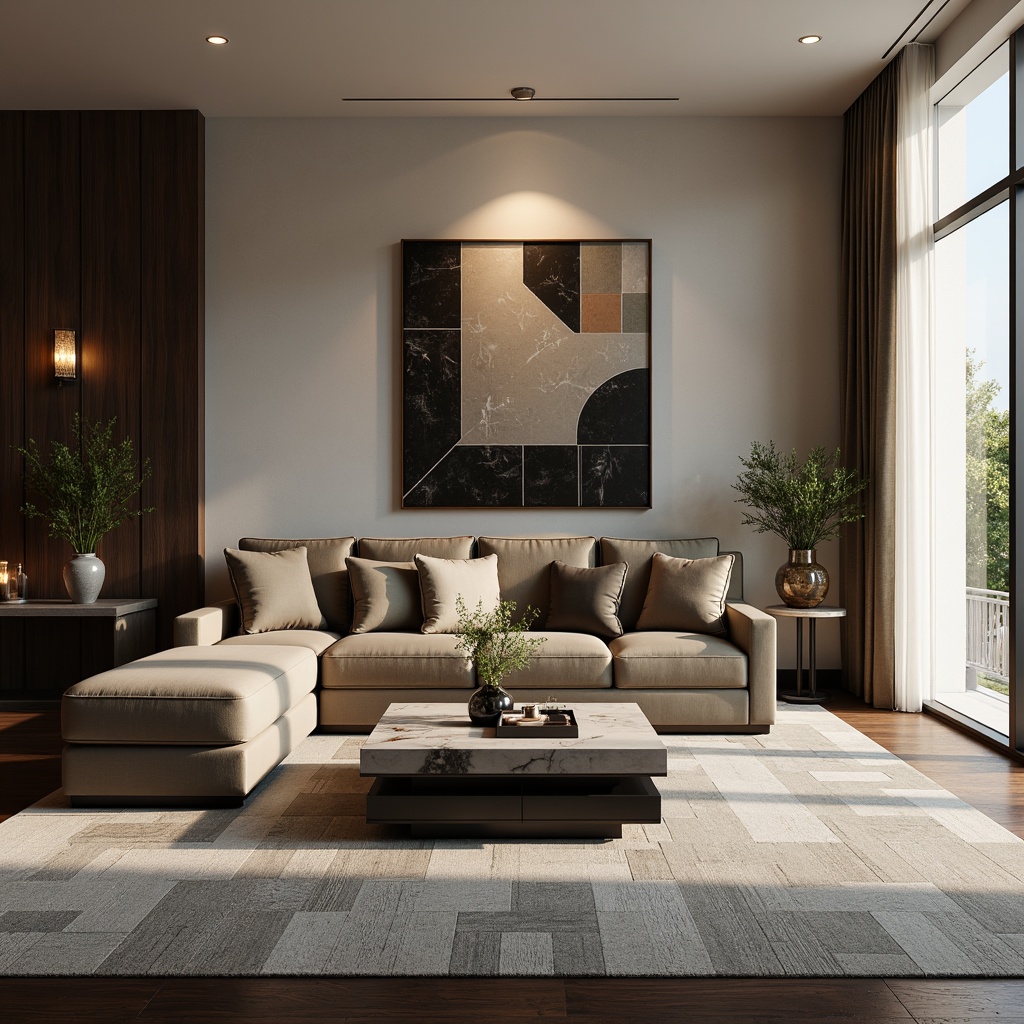 Prompt: Luxurious living room, sleek modern sofa, velvet upholstery, metallic accents, marble coffee table, minimalist decor, floor-to-ceiling windows, natural light, sheer curtains, abstract artwork, geometric patterns, ambient lighting, soft warm glow, 1/1 composition, shallow depth of field, realistic textures, high-end furniture, elegant vases, fresh flowers, dark hardwood flooring, sophisticated color palette, calm atmosphere.