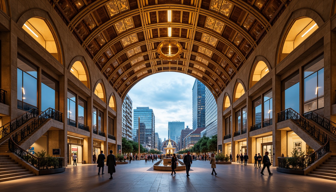 Prompt: Grand metro station, transitional style architecture, ornate metalwork details, vintage-inspired lighting fixtures, warm golden tones, soft glowing ambiance, layered ceiling design, intricate moldings, grand staircases, elegant archways, modern LED strip lights, dynamic color-changing effects, futuristic tunnel visuals, bustling city atmosphere, rush hour crowds, urban landscape views, concrete flooring, stainless steel accents, sleek glass partitions, atmospheric misting systems, 3/4 composition, shallow depth of field, realistic textures, ambient occlusion.