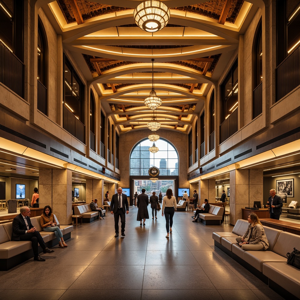 Prompt: Grand metro station, transitional architectural style, ornate details, warm golden lighting, LED strip lights, arched ceilings, marble floors, grand staircases, modern chandeliers, minimalist seating areas, urban cityscape views, rush hour atmosphere, dynamic movement, shallow depth of field, 1/2 composition, soft warm glow, realistic textures, ambient occlusion.