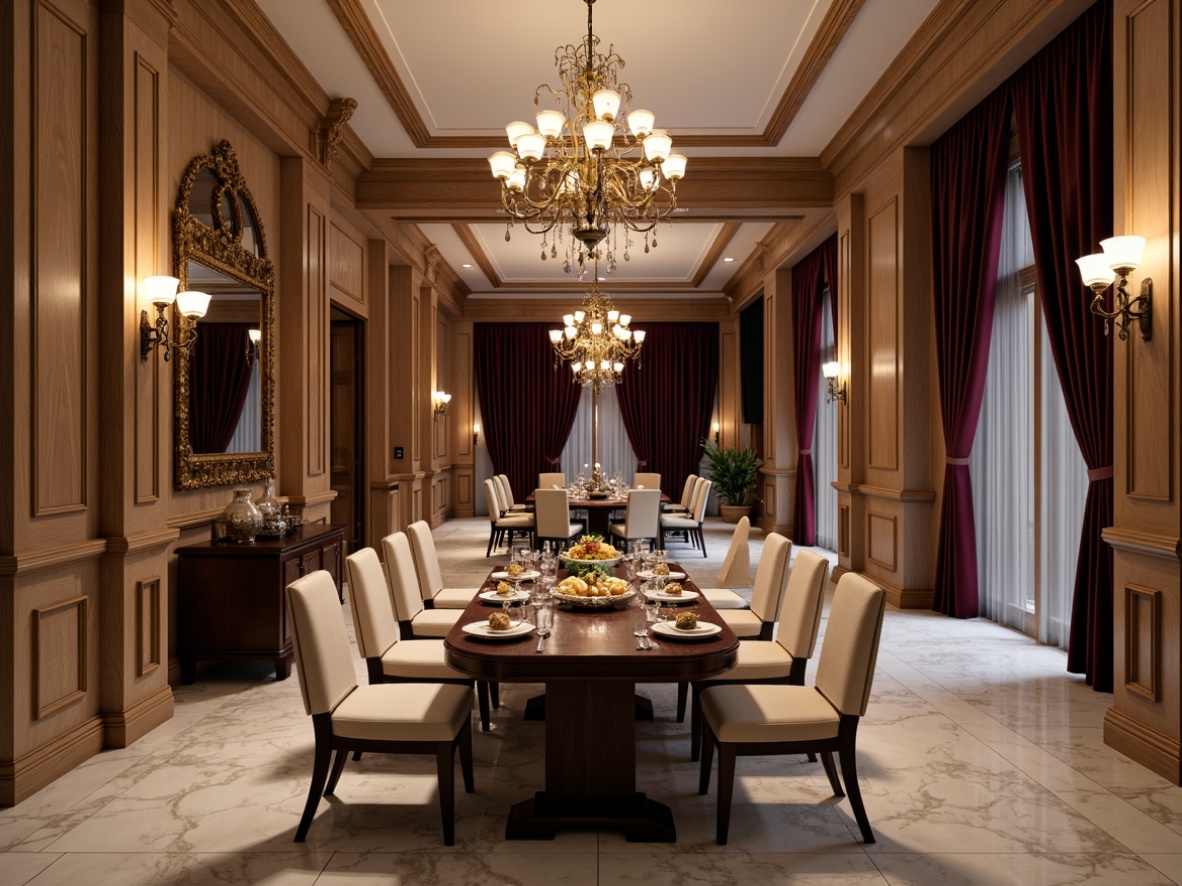 Prompt: Luxurious dining room, rich wood tones, ornate chandeliers, velvet drapes, elegant marble floors, sophisticated color palette, warm beige walls, deep plum accents, metallic gold hardware, soft cream upholstery, ambient lighting, dramatic ceiling heights, refined architectural details, lavish furnishings, opulent fabrics, sumptuous atmosphere, 1/1 composition, high-contrast lighting, detailed textures, realistic reflections.