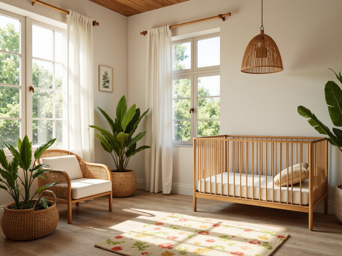 Prompt: Tropical baby nursery, soft warm lighting, creamy white walls, natural wood crib, woven rattan furniture, pastel greenery, colorful floral patterns, tropical leaf-inspired textiles, warm beige carpet, sheer curtains, gentle breeze, sunny afternoon, 1/1 composition, softbox lighting, shallow depth of field, realistic textures.