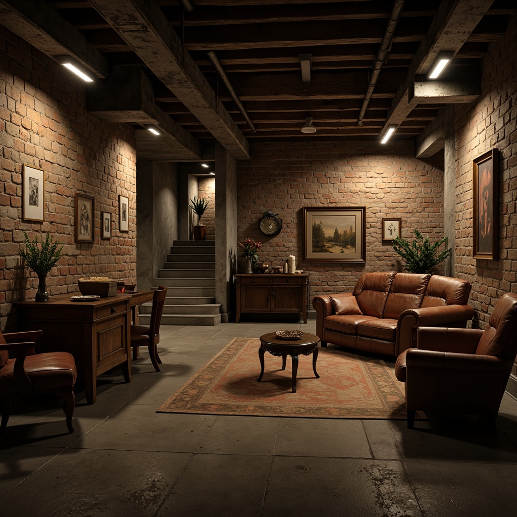 Prompt: Rustic basement walls, distressed concrete floors, exposed brick textures, industrial metal beams, dimly lit atmosphere, eerie shadows, mysterious ambiance, vintage furniture, worn leather upholstery, antique decorative items, rough-hewn wooden accents, earthy color palette, moody warm lighting, shallow depth of field, 2/3 composition, cinematic view, gritty realistic textures, subtle ambient occlusion.