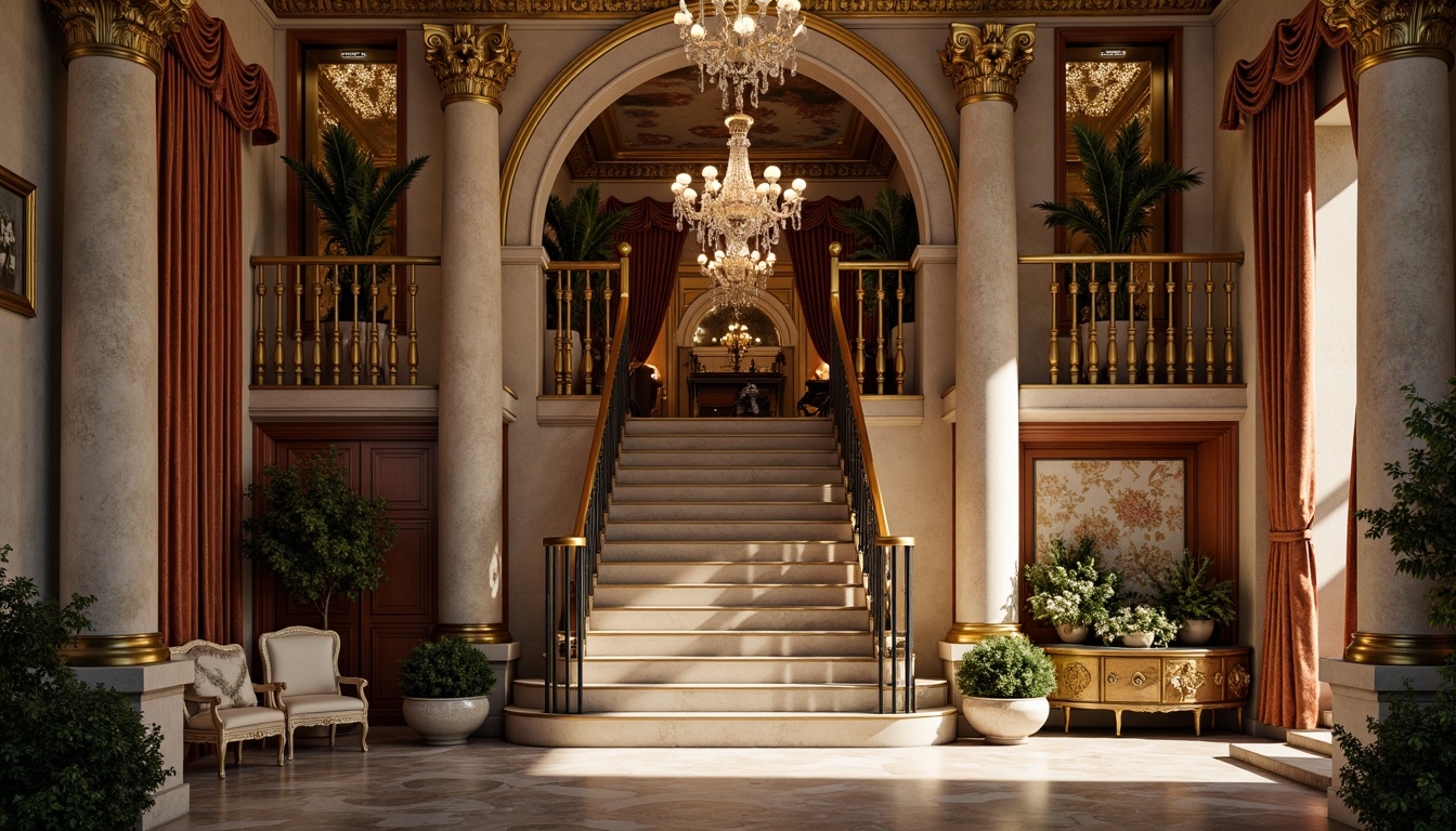 Prompt: Luxurious mansion, grand entrance, ornate doorways, intricately carved wooden doors, polished brass hardware, majestic stone columns, sweeping staircases, crystal chandeliers, opulent furnishings, rich velvet drapes, lavish gold accents, ornamental plasterwork, decorative ceiling frescoes, elegant archways, refined marble floors, soft warm lighting, shallow depth of field, 3/4 composition, realistic textures, ambient occlusion.