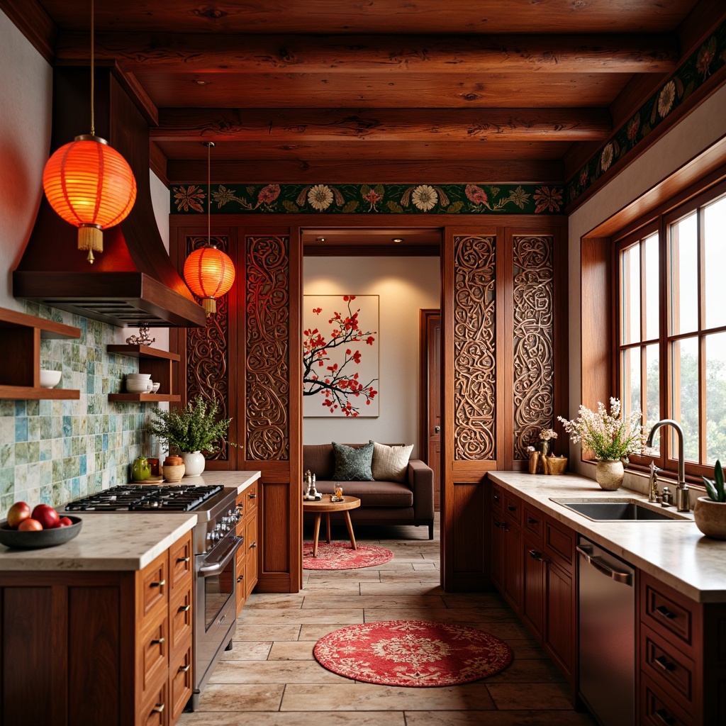 Prompt: Vibrant Asian-inspired kitchen, ornate wooden cabinets, intricately carved doors, traditional Chinese lanterns, colorful ceramic tiles, natural stone countertops, rustic wooden floors, modern appliances, sleek metal fixtures, bold red accents, elegant calligraphy wall art, delicate cherry blossom patterns, warm golden lighting, shallow depth of field, 3/4 composition, panoramic view, realistic textures, ambient occlusion.