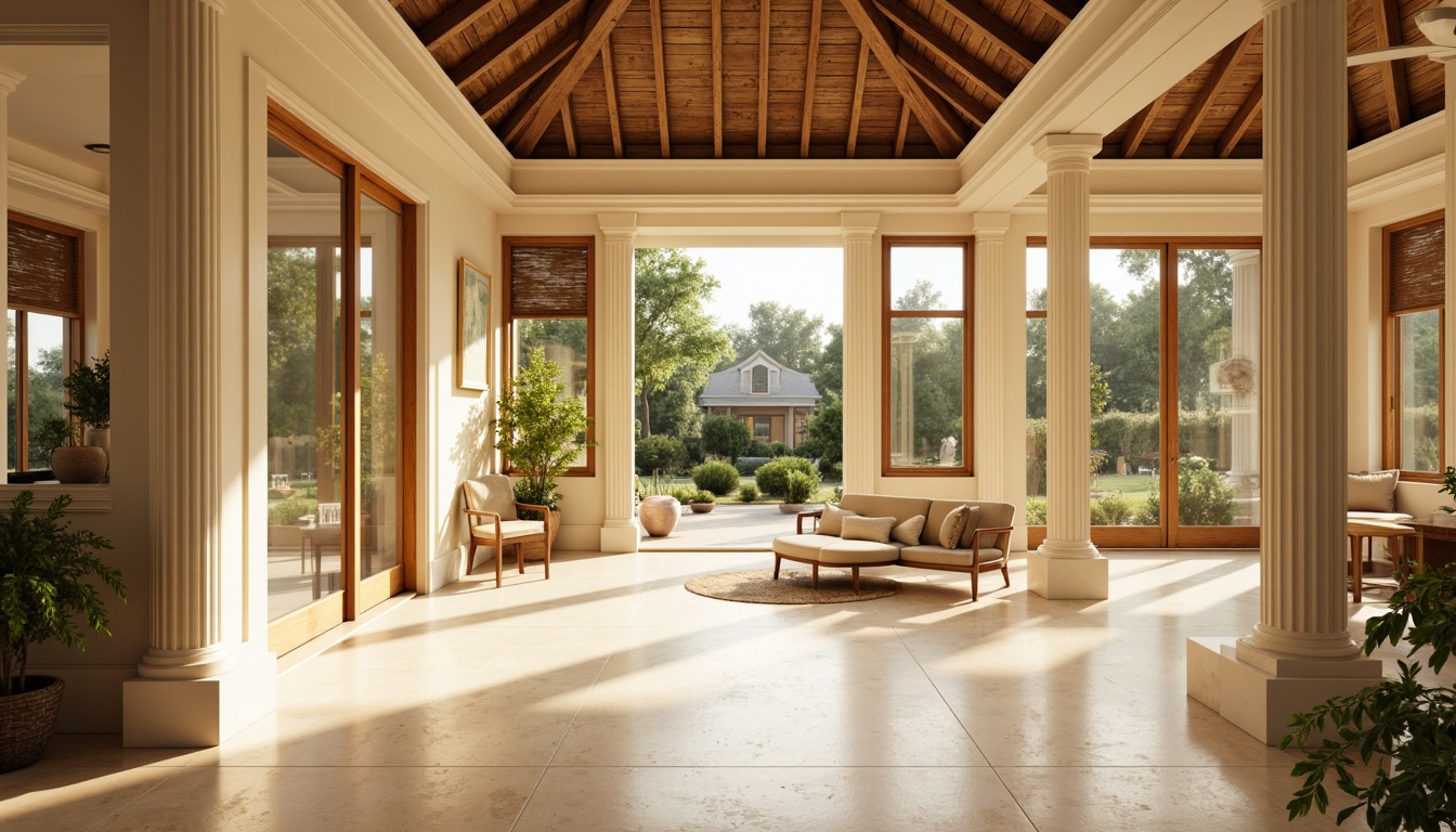 Prompt: Sun-drenched sunroom, warm beige walls, elegant classicism style, ornate moldings, decorative trim, soft natural light, floor-to-ceiling windows, sliding glass doors, cream-colored marble floors, rustic wooden beams, vaulted ceilings, subtle texture variations, gentle color transitions, warm golden lighting, shallow depth of field, 1/2 composition, realistic wood grain textures, ambient occlusion.